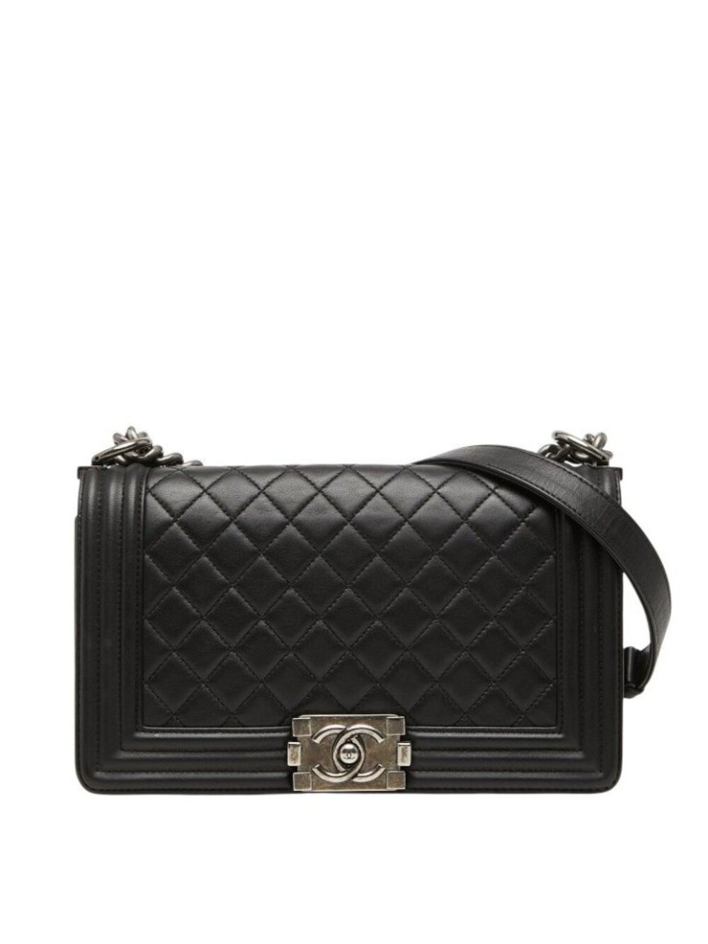 Chanel Boy Quilted CC Logo Chain Shoulder Bag Black Lambskin